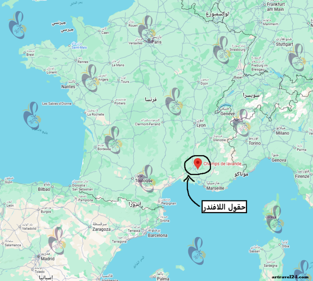 خريطة توضح موقع منطقة بروفانس وحقول اللافندر وطريقة الوصول اليها