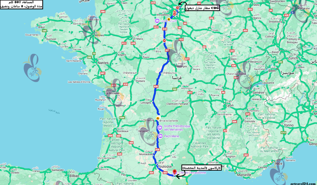 خريطة توضح موقع مدينة كاركاسون وطريقة الوصول اليها